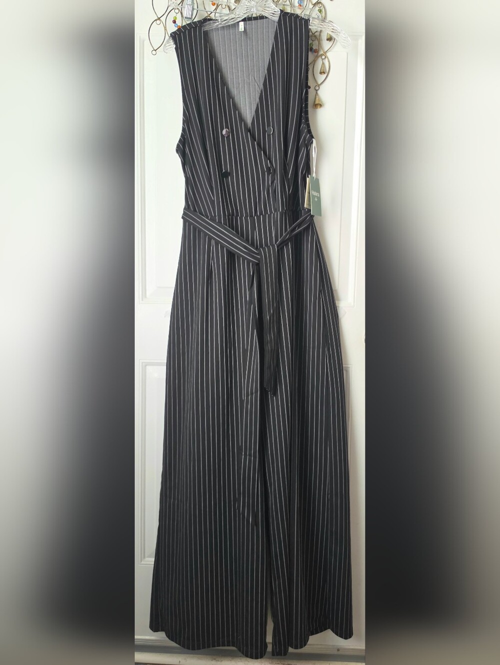 HALARA V Neck Sleeveless Belted Stripe Cool Touch Work Jumpsuit Women's L Black